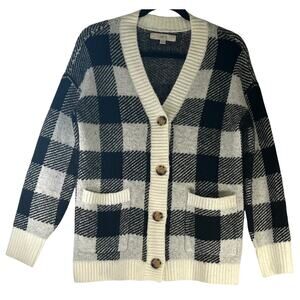 LOFT Black White Plaid V-Neck Button Front Cardigan Sweater Size XS